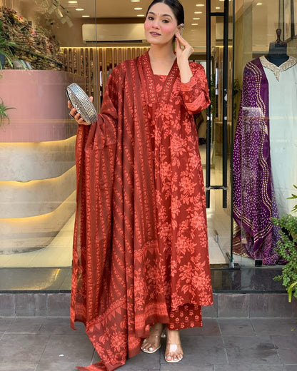 Designer Mughal Block Print 3-Piece Set Kurti, Pant & Dupatta