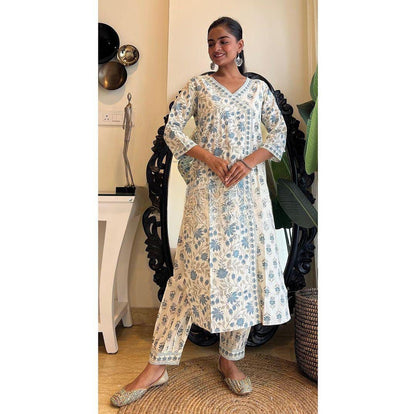White-Grey Floral Afghani Suit Set