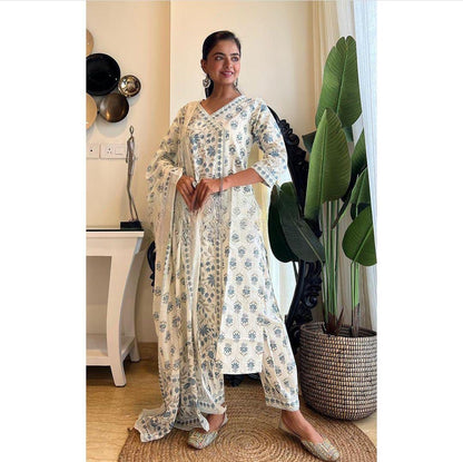 White-Grey Floral Afghani Suit Set