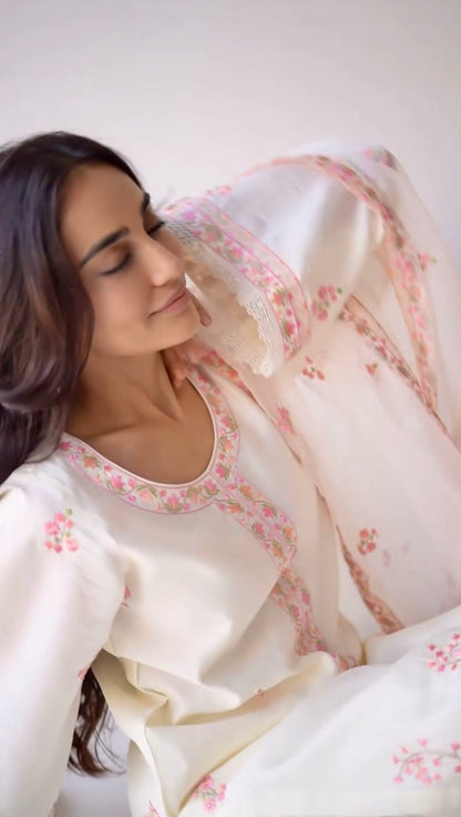 Elegance White Chanderi Embroidered Suit Set