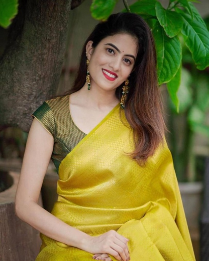 Elegant Gold Yellow Soft Lichi Silk Saree