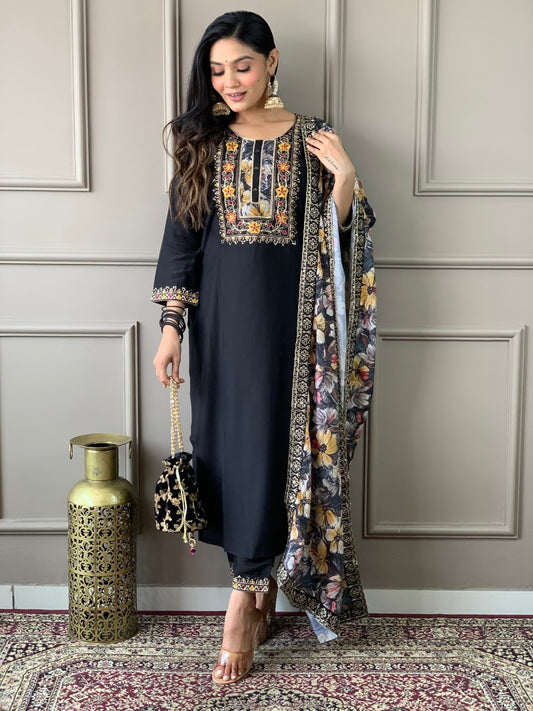 Floral Printed Straight Kurta With Trouser And Dupatta