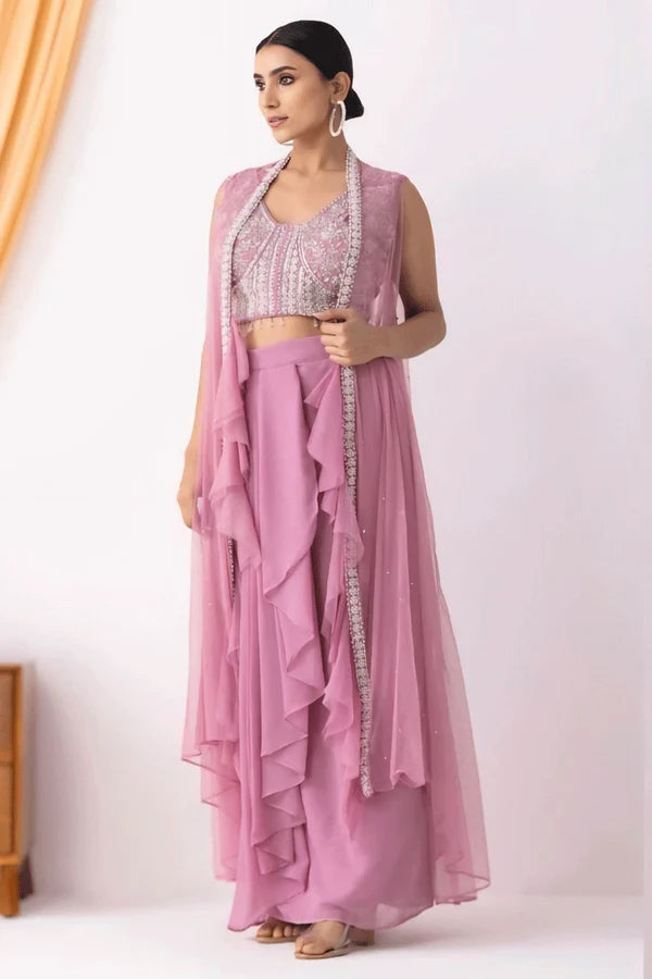 Festival Ready Ruffle Jacket Set with Beaded Blouse & Dhoti