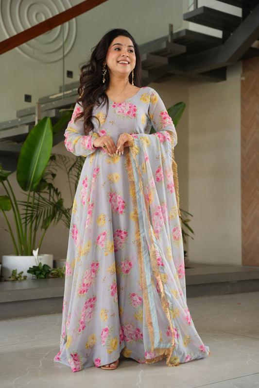 BEAUTIFUL GRAY SUIT FLORAL GOWN