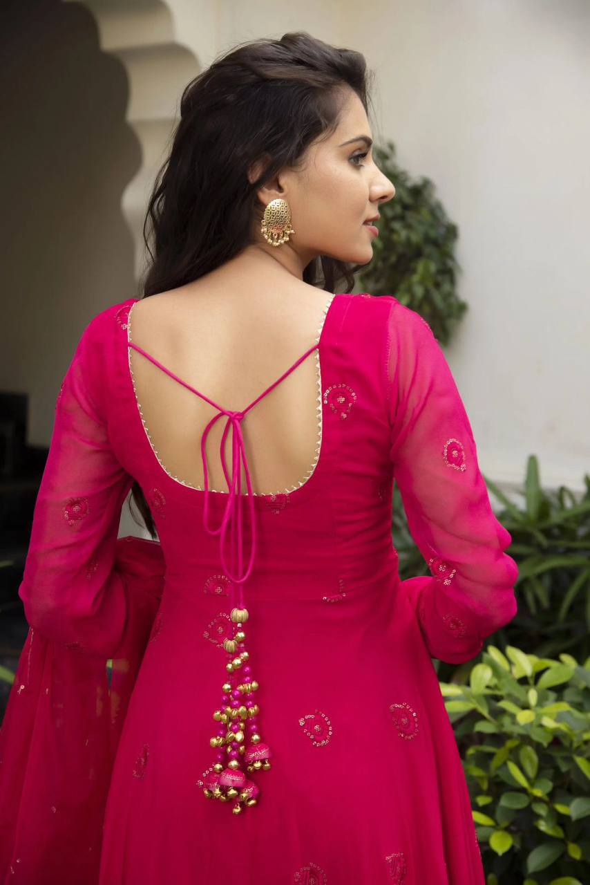 Hot Pink Anarkali  Gown With Dupatta