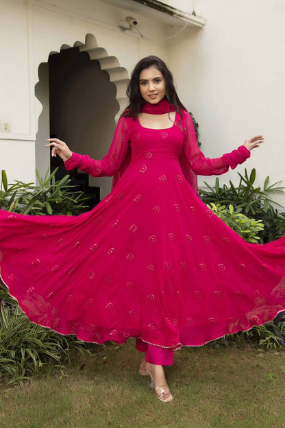 Hot Pink Anarkali  Gown With Dupatta