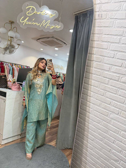 Designer Kaftan Style Embroidered With Real Mirror Work Co-ord Set