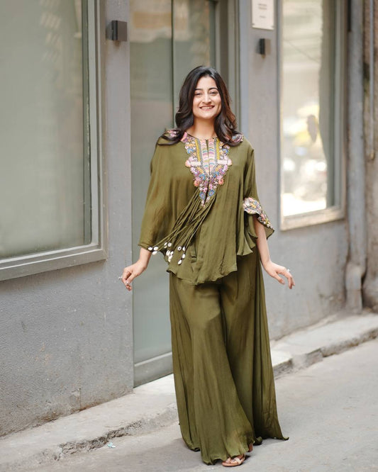 New Olive Green Chinon Embroidered Co-Ord Se