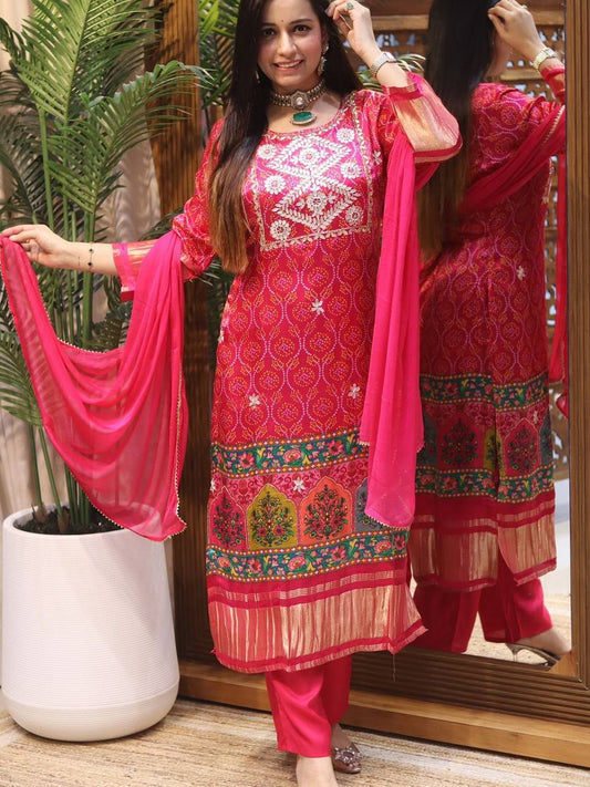 Exclusive Masleen Bandhani-Print Kurti Set with Embroidery & Dupatta