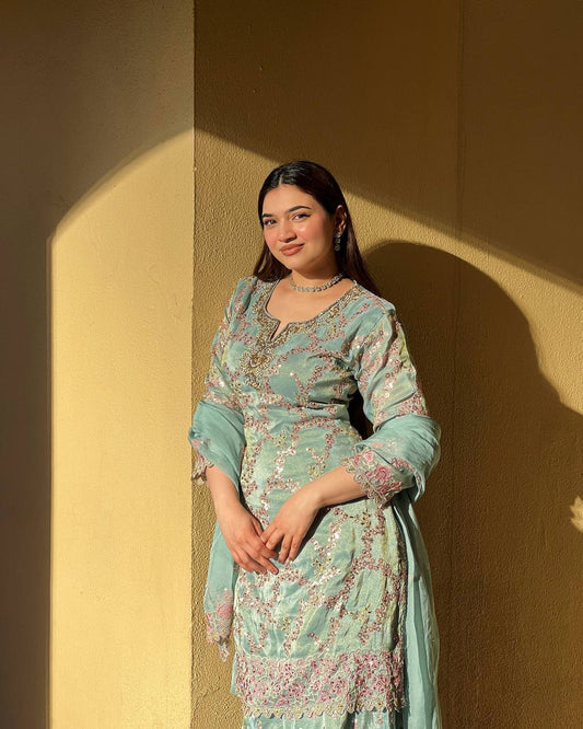 Elegant Chinon Embroidered Suit Set