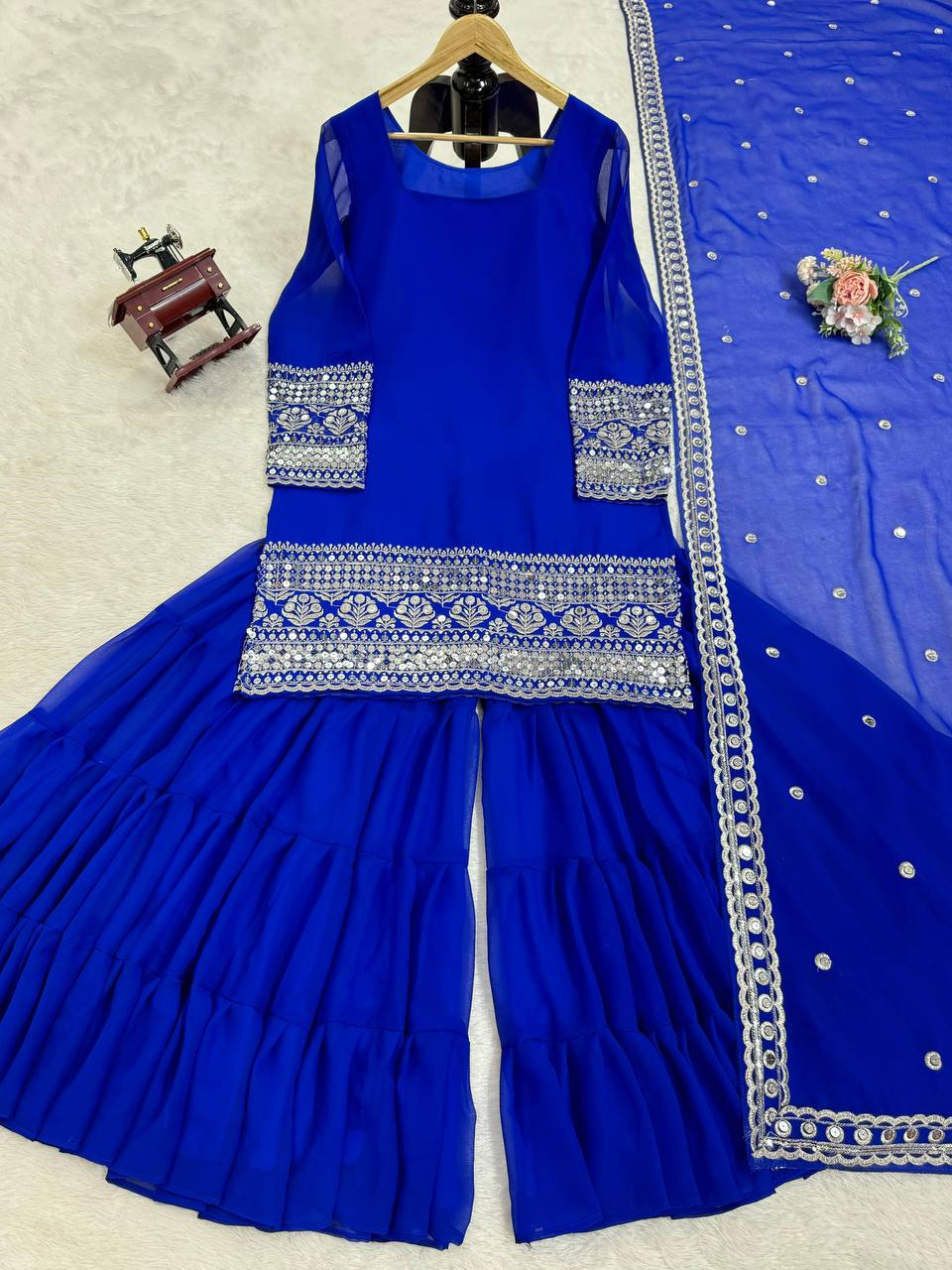 ROYAL BLUE FAUX GEORGETTE SEQUENCE WORK SHARARA SUIT