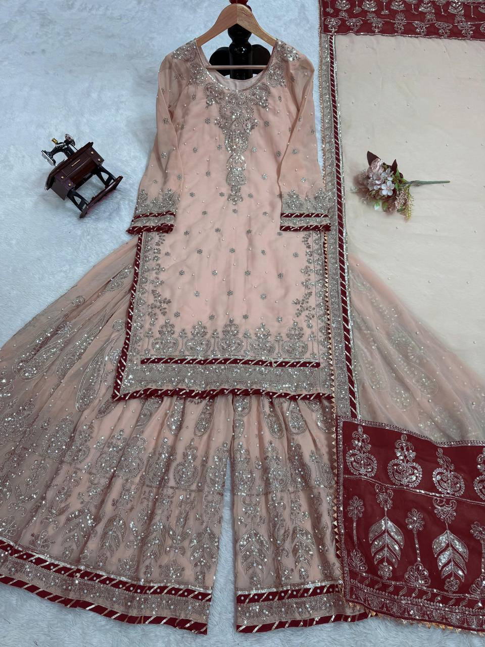 ONION PINK FAUX GEORGETTE THREAD SEQUENCE SHARARA SET