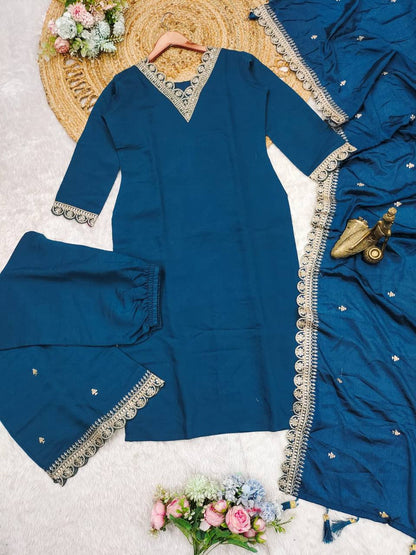 Roman satin febric with print & work kurta set