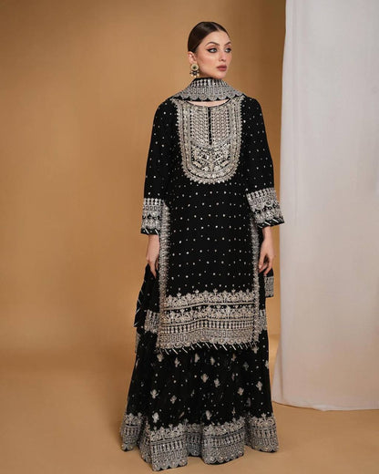 PARTY WEAR BLACK GEORGETTE SEQUENCE WITH EMBROIDERY WORK SHARARA SET