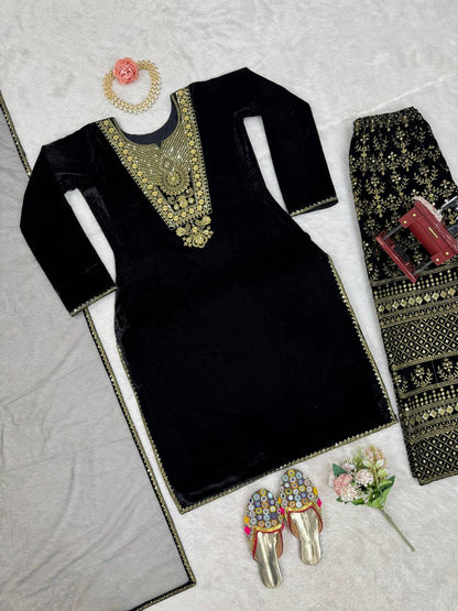 MAJESTIC BLACK COLOR VISCOSE VELVET SEQUENCE WORK SALWAR SUIT