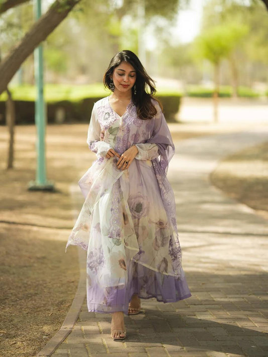 Exclusive Organza Salwar Kameez Suit with Digital Print & Embroidered Dupatta