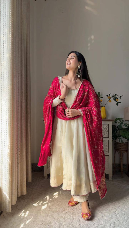 Graceful Chinon Gown Set with Plazzo & Dupatta