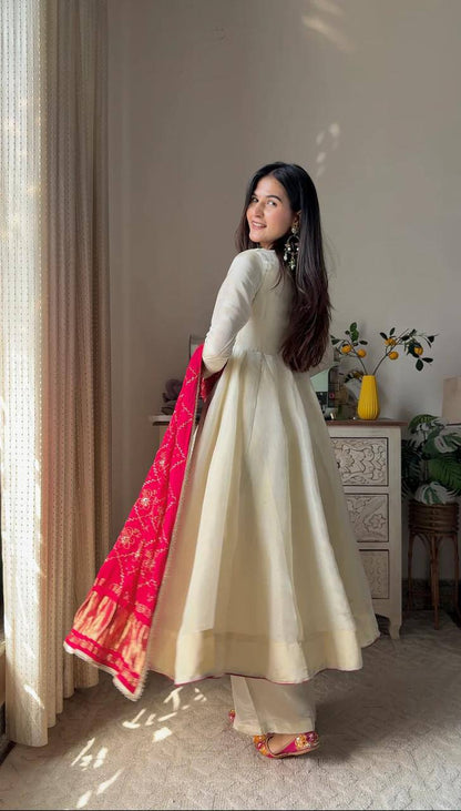 Graceful Chinon Gown Set with Plazzo & Dupatta