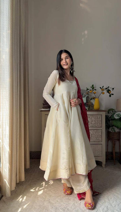 Graceful Chinon Gown Set with Plazzo & Dupatta