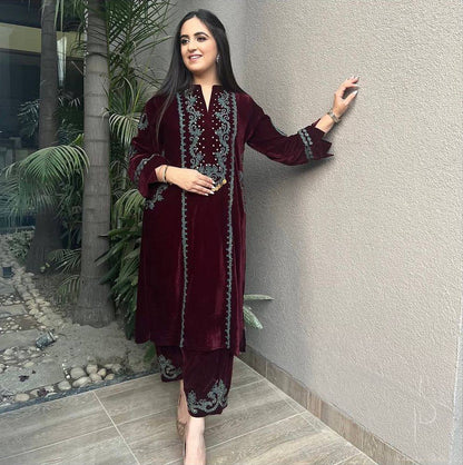 NEW DESIGNER STYLE VELVET EMBROIDERY WORK SUIT WITH POCKET