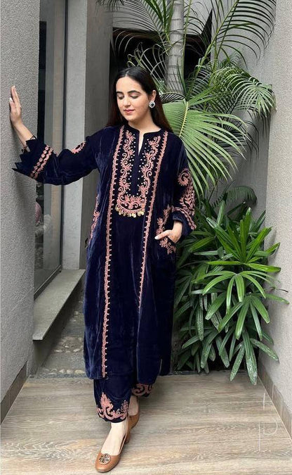 NEW DESIGNER STYLE VELVET EMBROIDERY WORK SUIT WITH POCKET