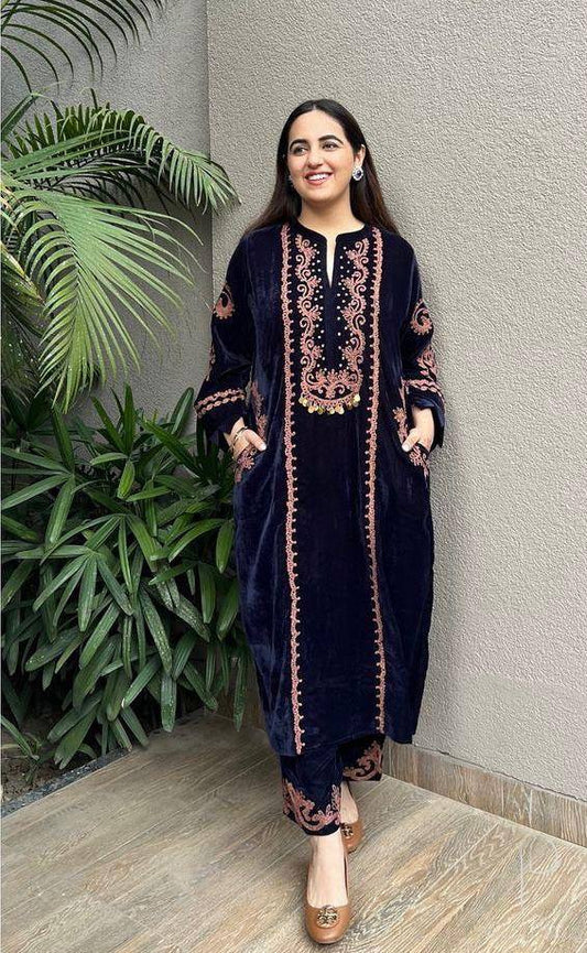 NEW DESIGNER STYLE VELVET EMBROIDERY WORK SUIT WITH POCKET