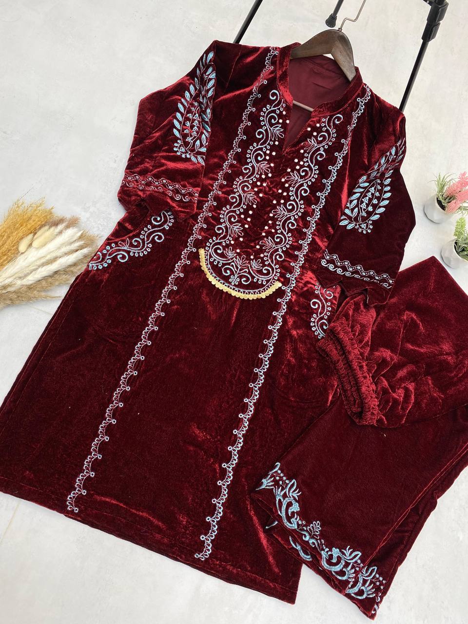 NEW DESIGNER STYLE VELVET EMBROIDERY WORK SUIT WITH POCKET