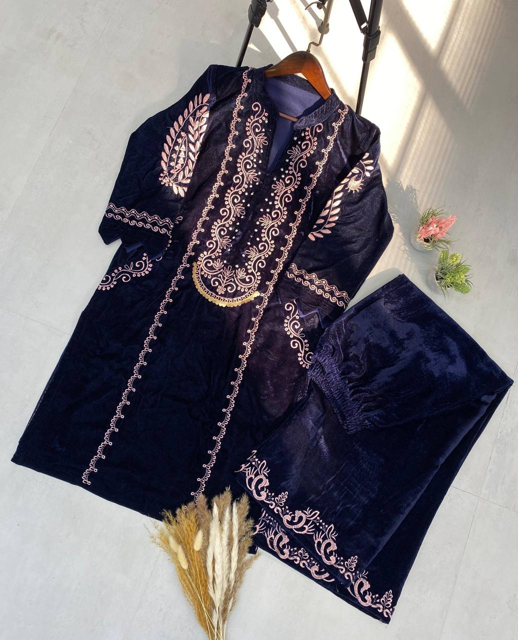 NEW DESIGNER STYLE VELVET EMBROIDERY WORK SUIT WITH POCKET