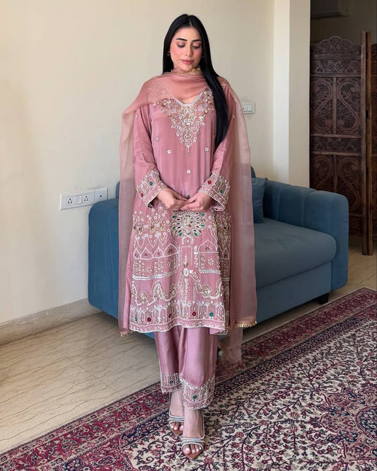 Baby Pink Exclusive Embroidered 3-Piece Pant Set with Dupatta