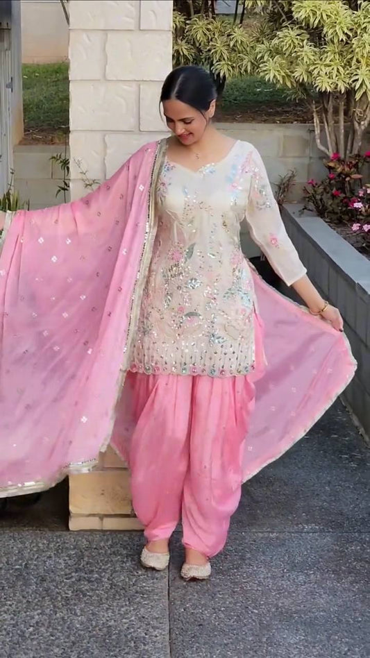 Embroidered Vichitra Silk Top & Salwaar Set with Dupatta