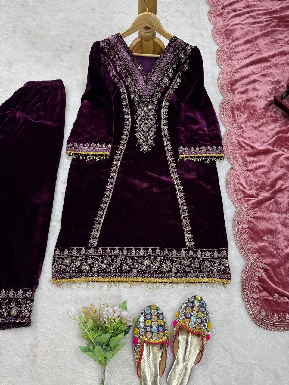 PURPLE VISCOSE VELVET THREAD & SEQUENCE WORK KURTA SET