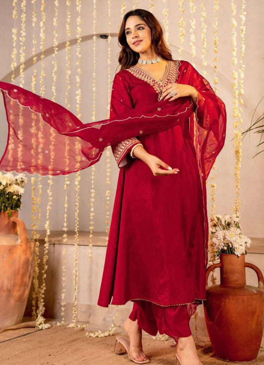 Premium Red Designer Kurta Pant Set with Dupatta