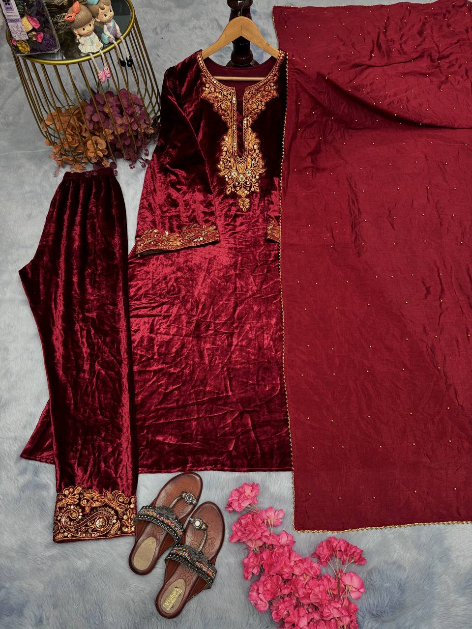 3 PC MAROON PARTY WEAR VISCOSE VELVET SUIT SET