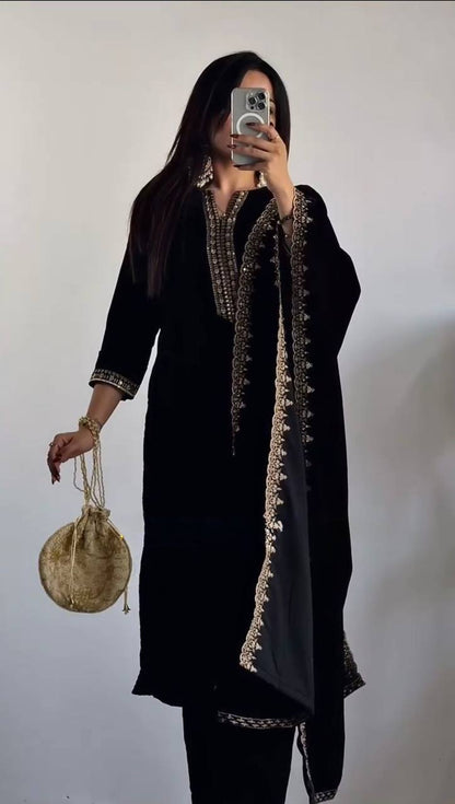 EXCLISIVE BLACK A-LINE VISCOSE VELVET KURTA SET