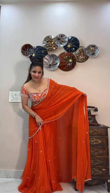 NEW STYLE ORANGE WEDDING VIBES FAUX GEORGETTE LEHENGA SAREE