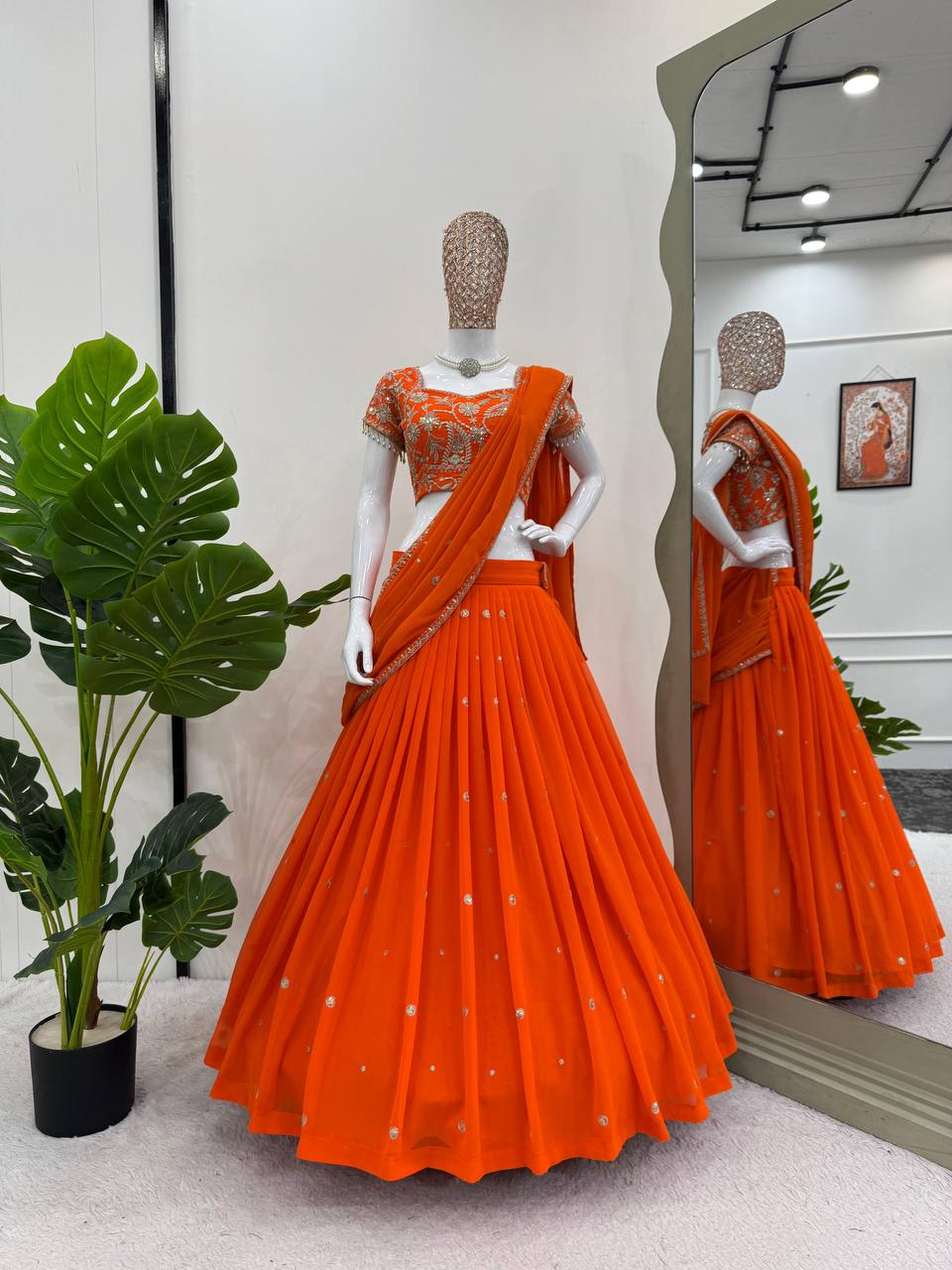 NEW STYLE ORANGE WEDDING VIBES FAUX GEORGETTE LEHENGA SAREE