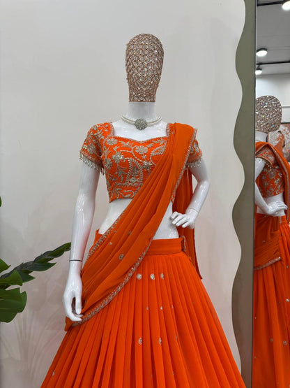 NEW STYLE ORANGE WEDDING VIBES FAUX GEORGETTE LEHENGA SAREE