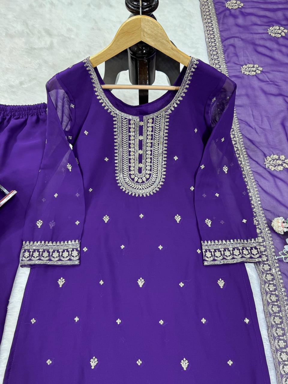 NEW PURPLE FAUX GEORGETTE DESIGNER SEQUENCE SUIT SET