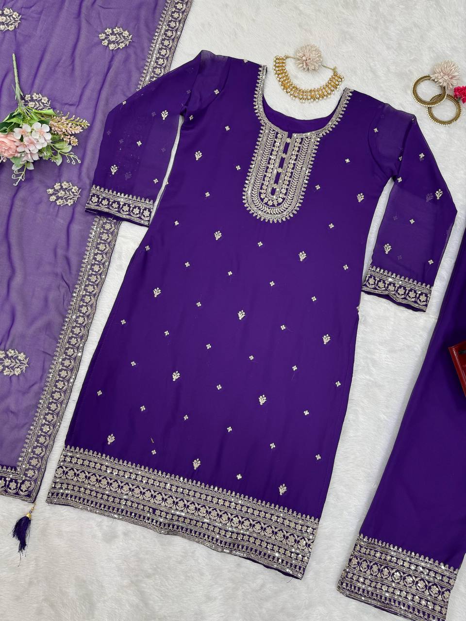 NEW PURPLE FAUX GEORGETTE DESIGNER SEQUENCE SUIT SET