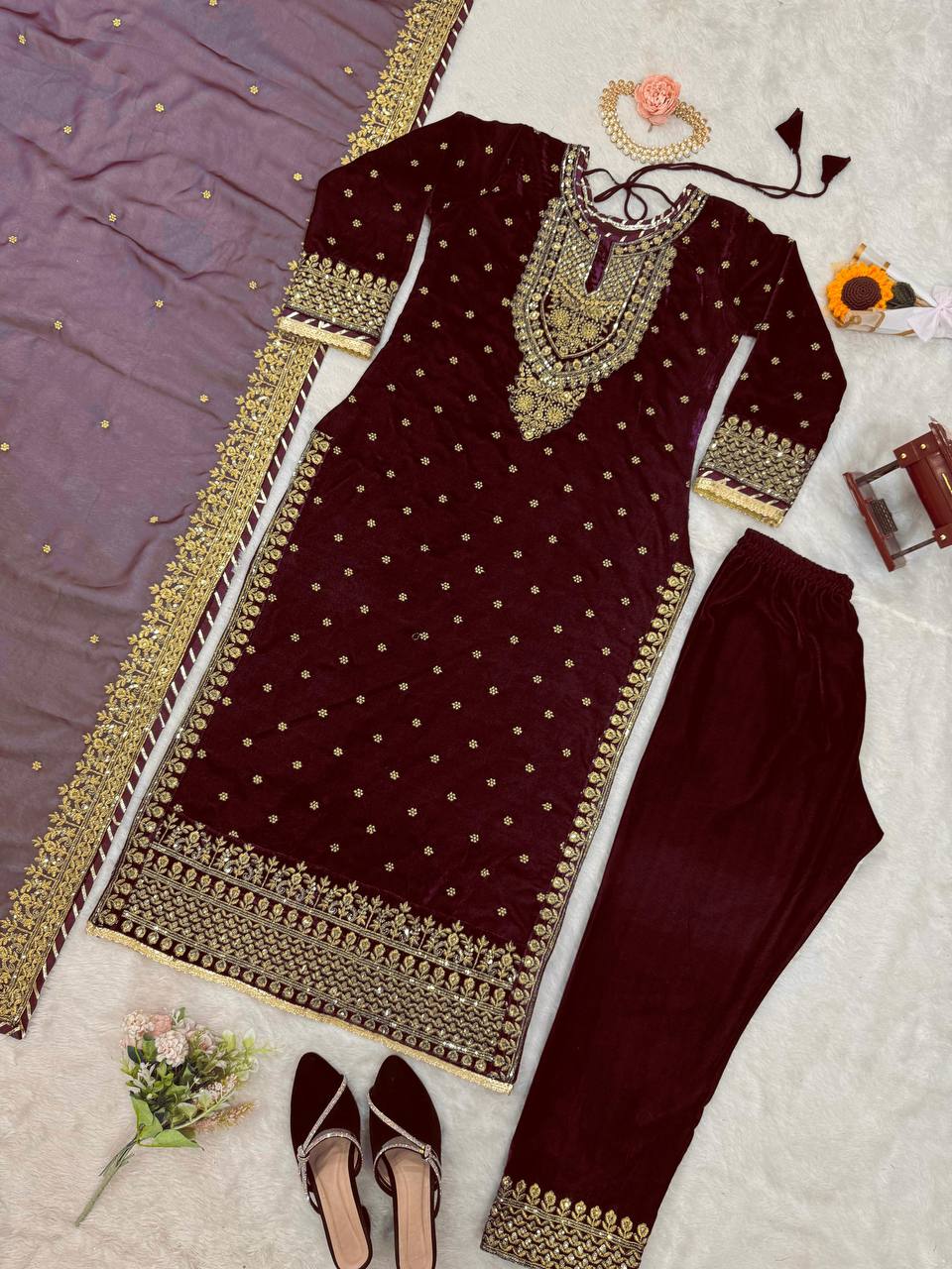 MAROON COLOR ROYAL HEAVY VISCOSE VELVET SUIT SET