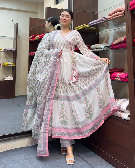 Elegant Pink Mal Cotton Kurti Set Anarkali Style