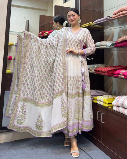Elegant Pink Mal Cotton Kurti Set Anarkali Style