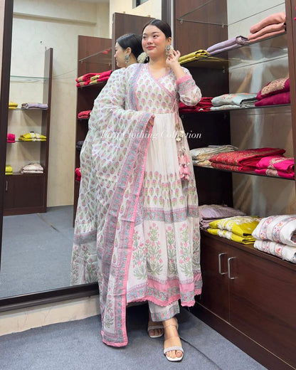 Elegant Pink Mal Cotton Kurti Set Anarkali Style