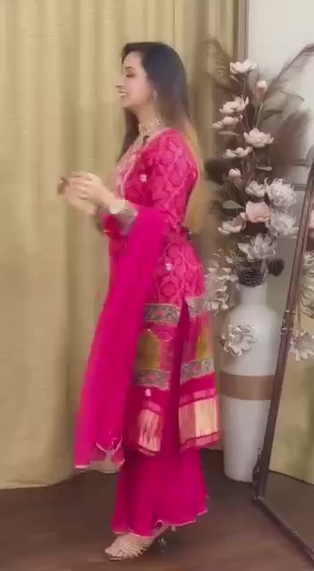 Exclusive Masleen Bandhani-Print Kurti Set with Embroidery & Dupatta