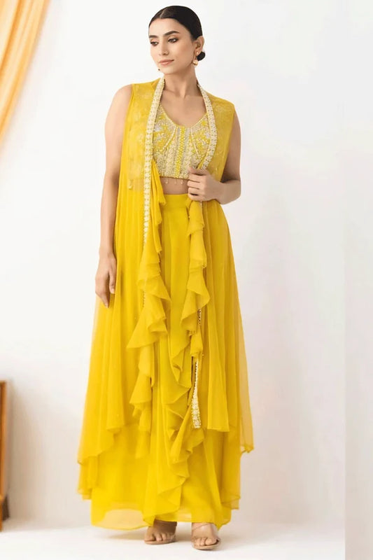 Festival Ready Ruffle Jacket Set with Beaded Blouse & Dhoti