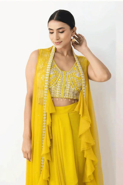 Festival Ready Ruffle Jacket Set with Beaded Blouse & Dhoti